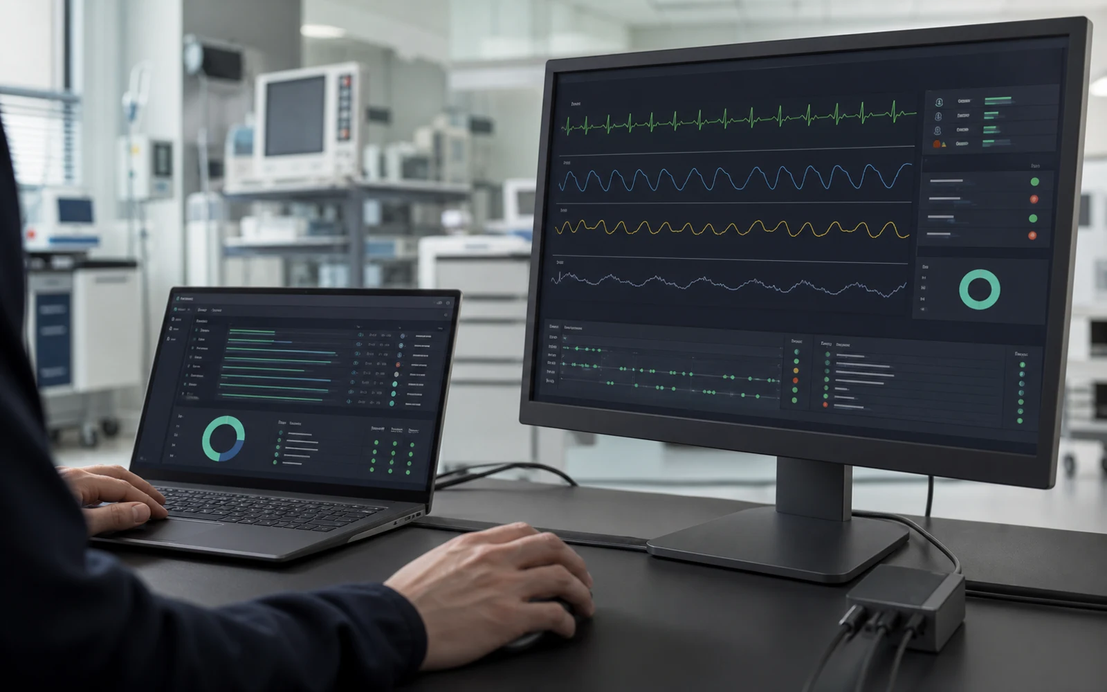 A clinical engineering workstation validating medical monitoring software.