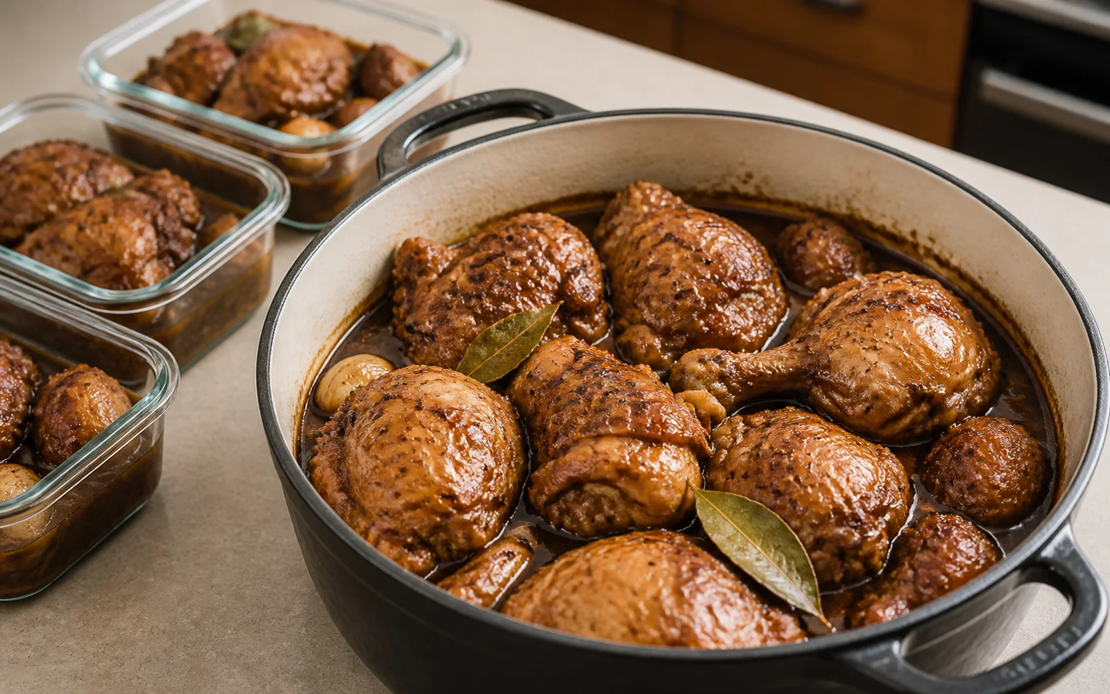 Filipino chicken adobo cooked in a pot and portioned into containers for batch cooking.