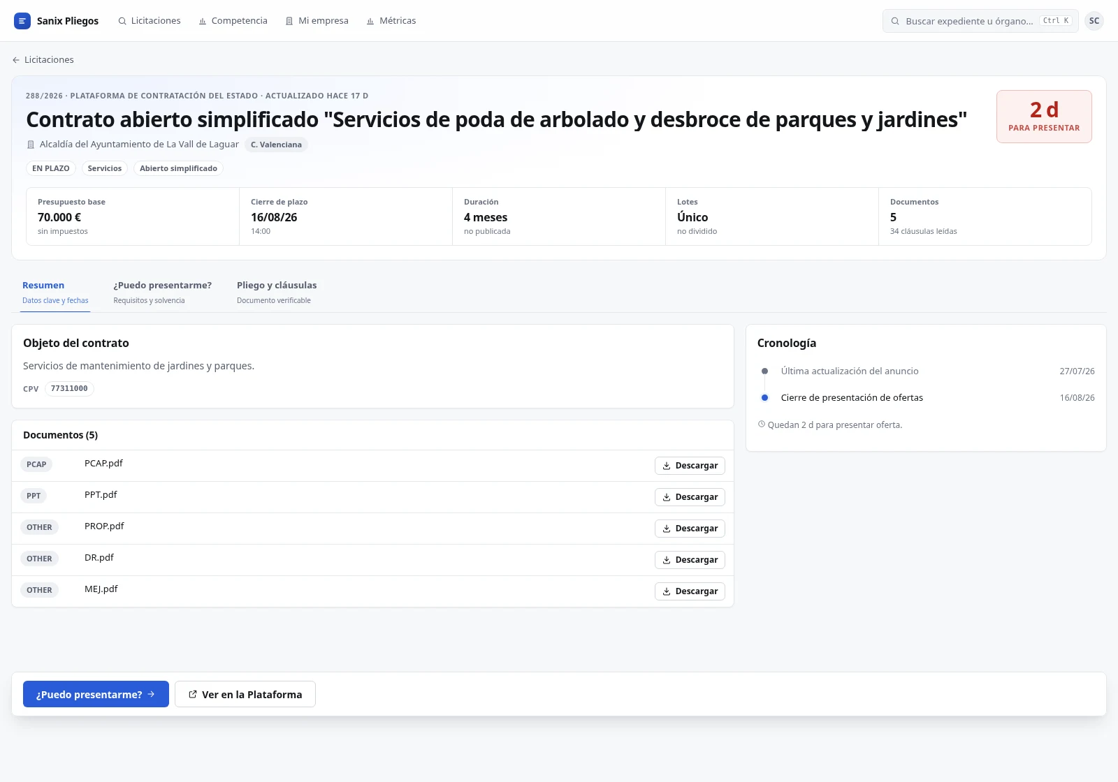 Ficha completa de una licitación de mantenimiento con presupuesto, plazo, documentos y acceso al pliego.