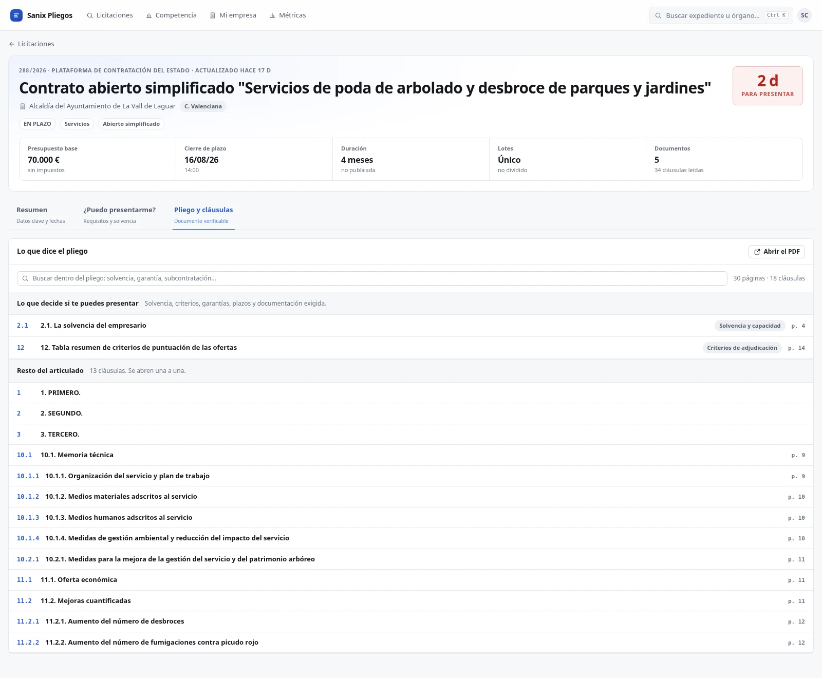 A full capture of an open tender with its data and the 18 clauses extracted from its PCAP.